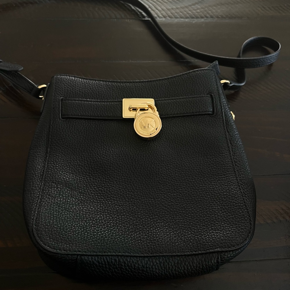 Michael Kors Black Pebbled Leather Crossbody with Gold Medallion